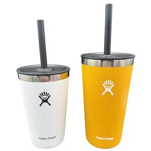 🥤 Hydro Flask 16oz Insulated Tumbler Cup Set of 2 Lids Straws White Yellow